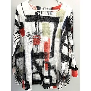 Jess & Jane Blouse Womens 1X Abstract Crinkle Knit Sharkbite Hem 3/4‎ Sleeve USA